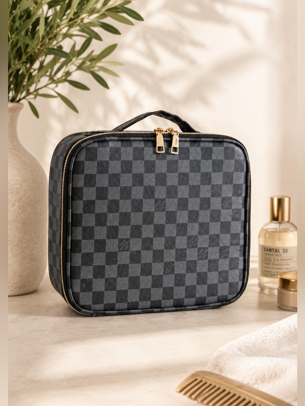 Checkered Makeup Organizer Case  Adjustable Compartments NWOT